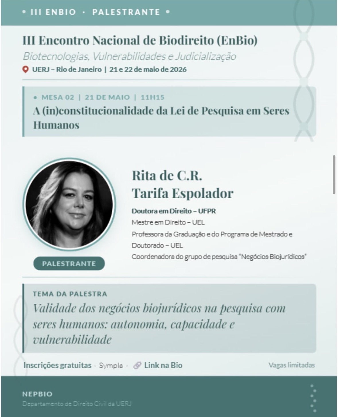 Professora do PPGDN/UEL participa de Encontro Nacional de Biodireito promovido pela UERJ