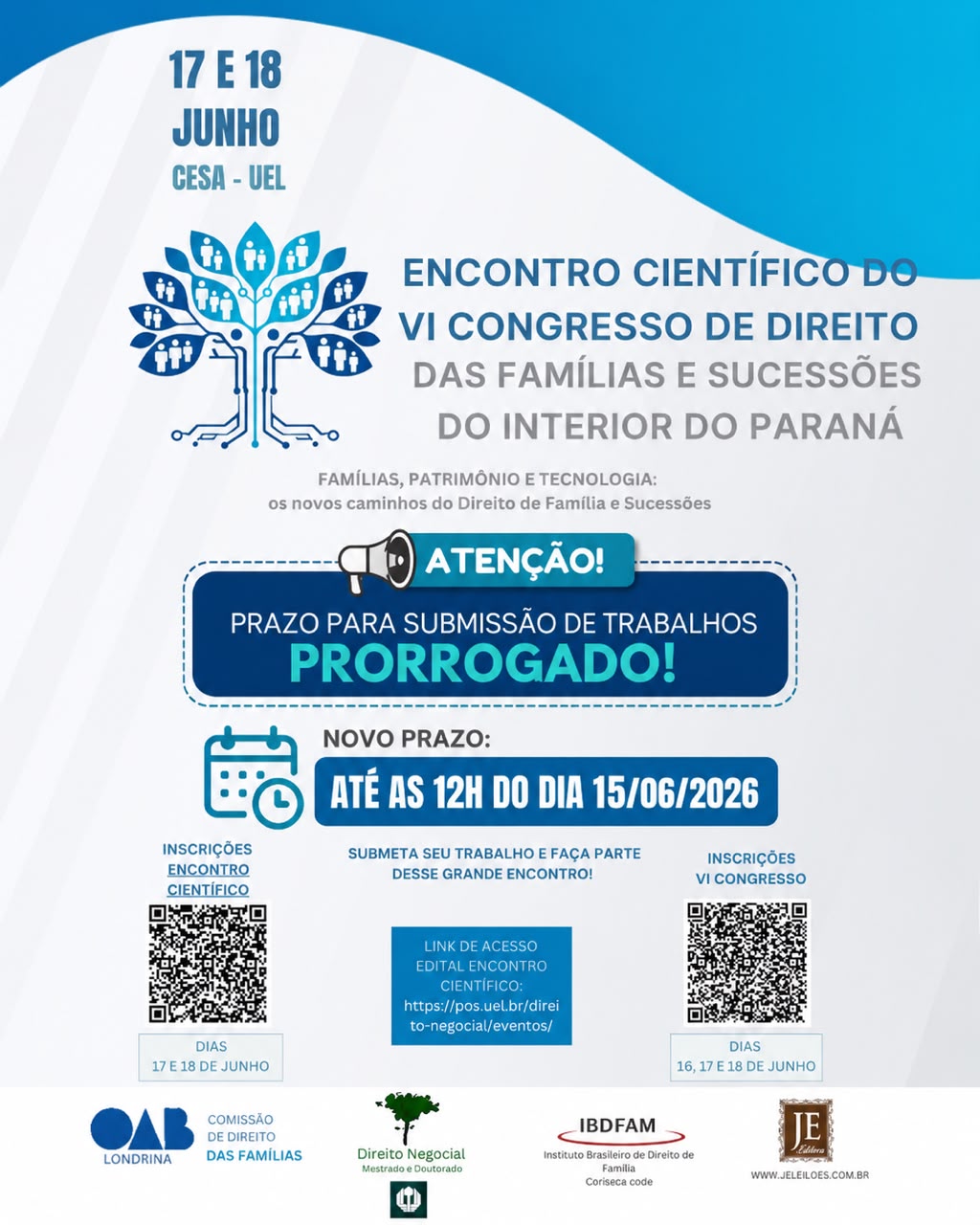 Prorrogado o prazo para submissão de trabalho para o Encontro Científico do VI Congresso de Direito Das Famílias e Sucessões do Interior do Paraná