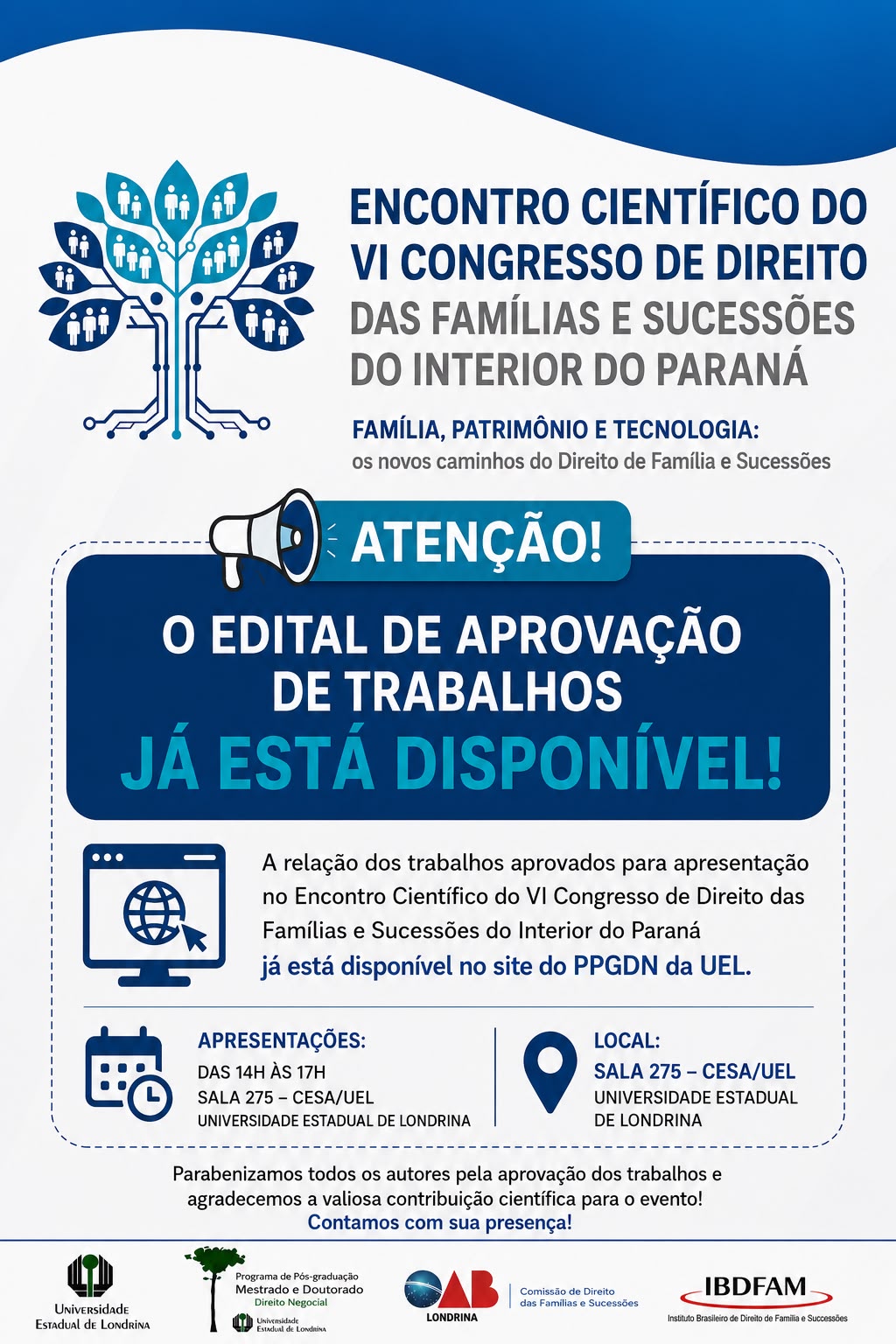 Publicado o Edital de Trabalhos aprovados do Encontro Científico do VI Congresso de Direito das Famílias e Sucessões do Interior do Paraná